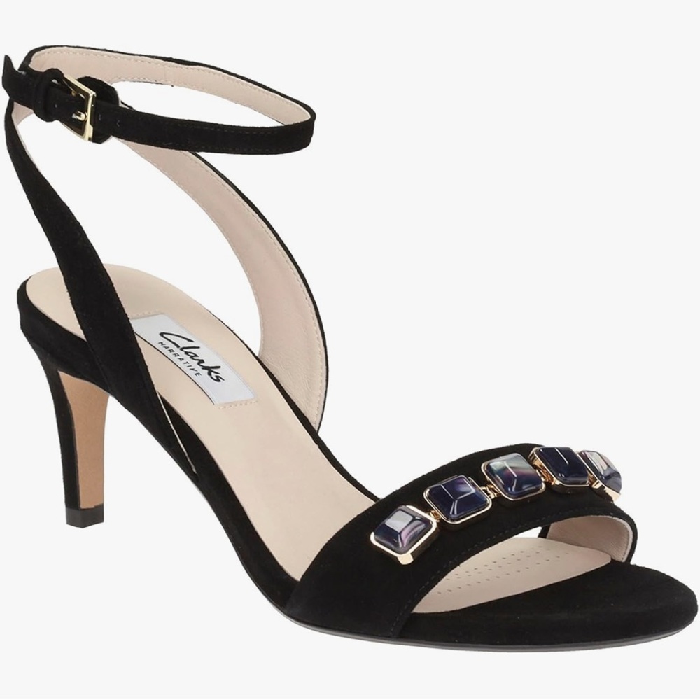 Clarks Black Suede Open Toe Heels Size 8 Embellished Blue Kitten Office Party